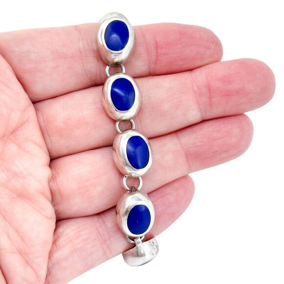 Vintage Mexico Sterling Silver 925 Blue Glass Link Bracelet 7” - Picture 1 of 6